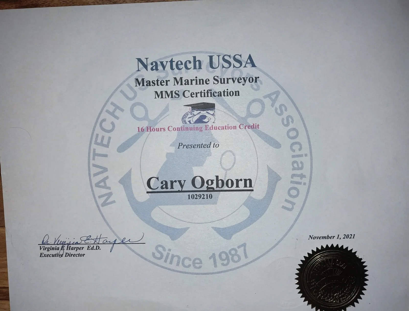 Navtech USSA Master Marine Surveyor MMS Certification presented to Cary Ogborn