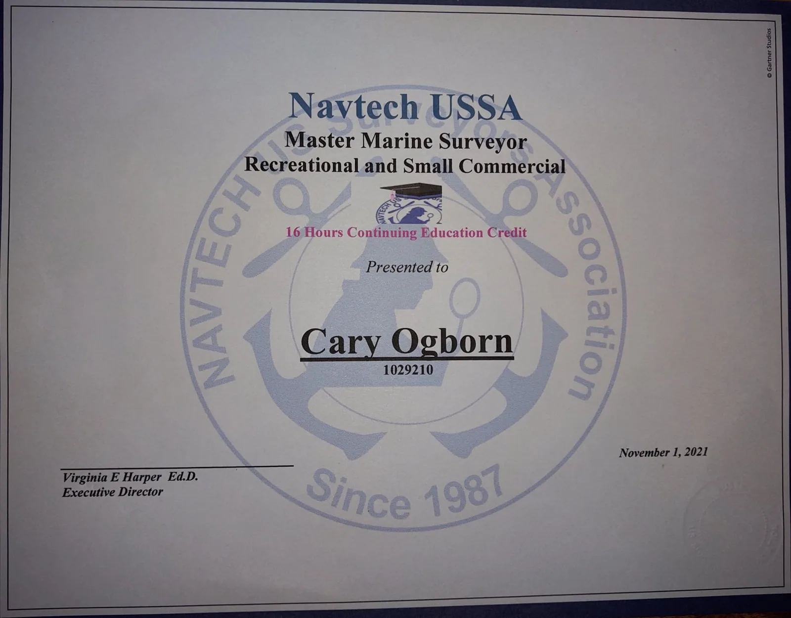 Navtech USSA Master Marine Surveyor Recreational and Small Commercial certificate presented to Cary Ogborn